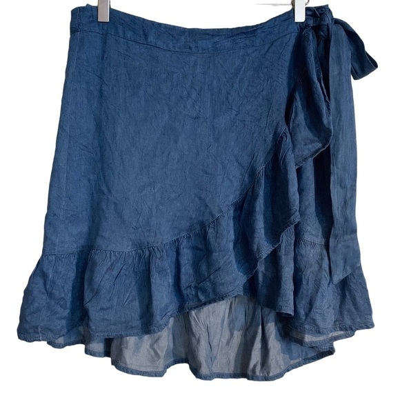 Japna Dresses & Skirts - Japna Chambray Wrap Ruffle Skirt Side Waist Tie